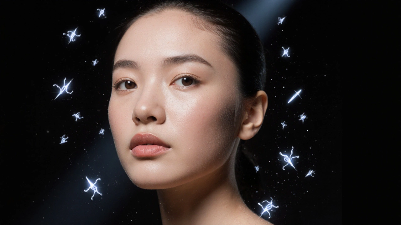 Подтянутое лицо с абстрактными элементами электрических импульсов и молекул гиалуроновой кислоты.