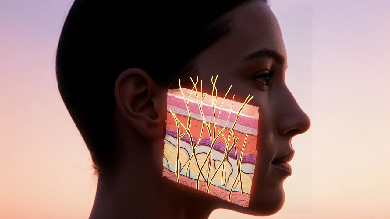 Разрез лица с нагревом радиочастотой и ростом коллагеновых волокон в тканях.