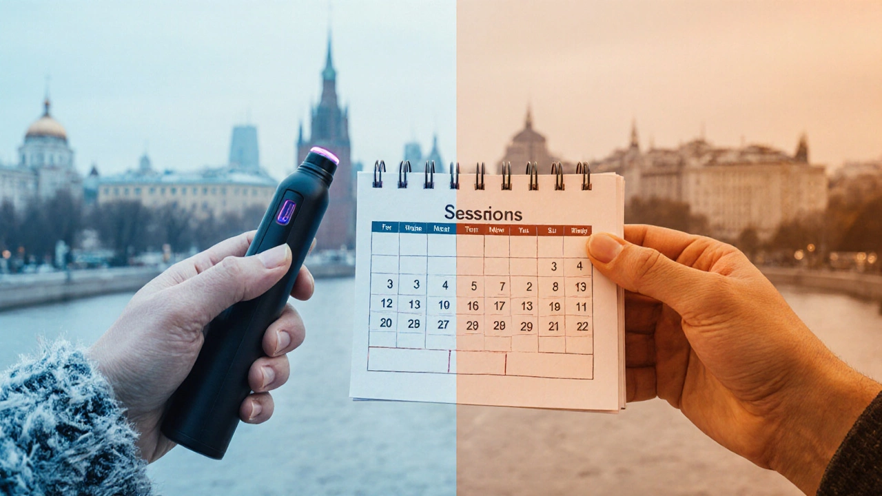 Руки с лазерным устройством и календарем — контраст светлой и загорелой кожи.