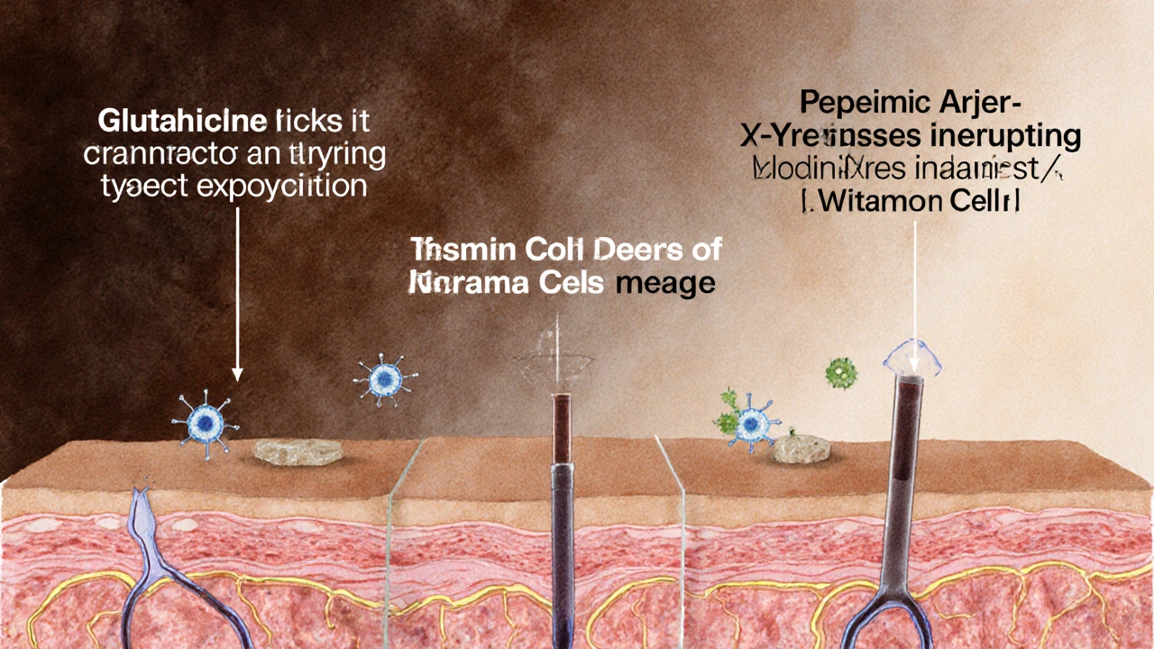 Схематичное изображение клеток кожи, где инъекции подавляют выработку меланина.