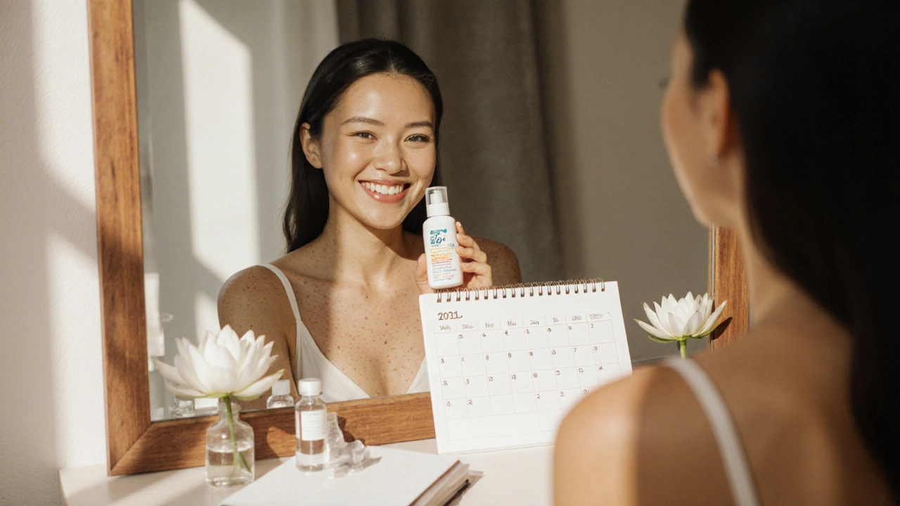 Женщина с равномерной кожей смотрит в зеркало, держа крем с SPF и следы курса лечения.