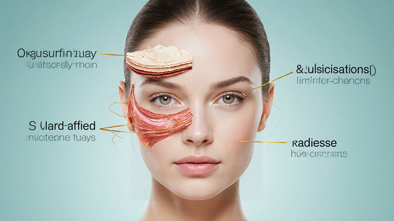 Анатомическая иллюстрация лица с глубокими слоями, показывающая ультразвук, нити и инъекции, воздействующие на ткани.