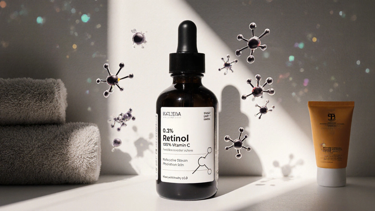 Бутылочка с антивозрастным кремом и плавающими молекулами активных веществ.