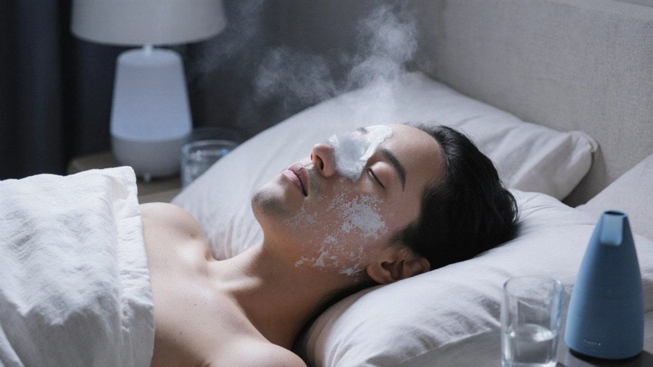 Человек спит на спине с охлаждающим компрессом на лице, в комнате увлажнитель и стакан воды.