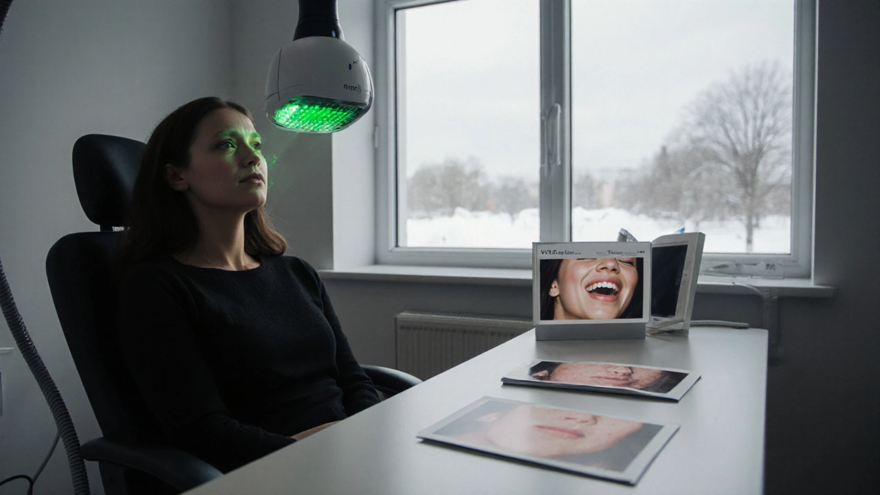 Дерматолог проводит лазерную процедуру Fraxel пациентке в клинике Санкт-Петербурга.