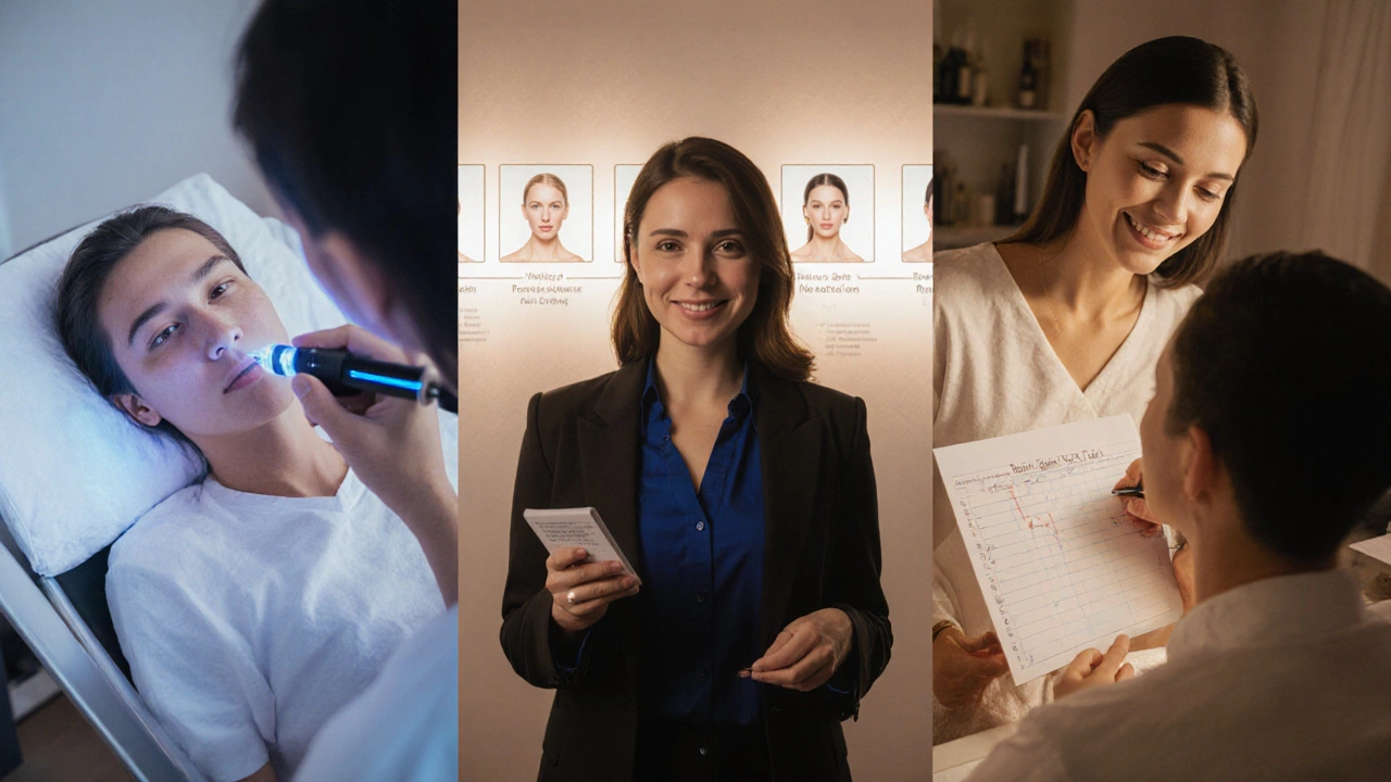 Эстетист показывает клиенту индивидуальный план ухода за кожей, объясняя рутину и рекомендации.