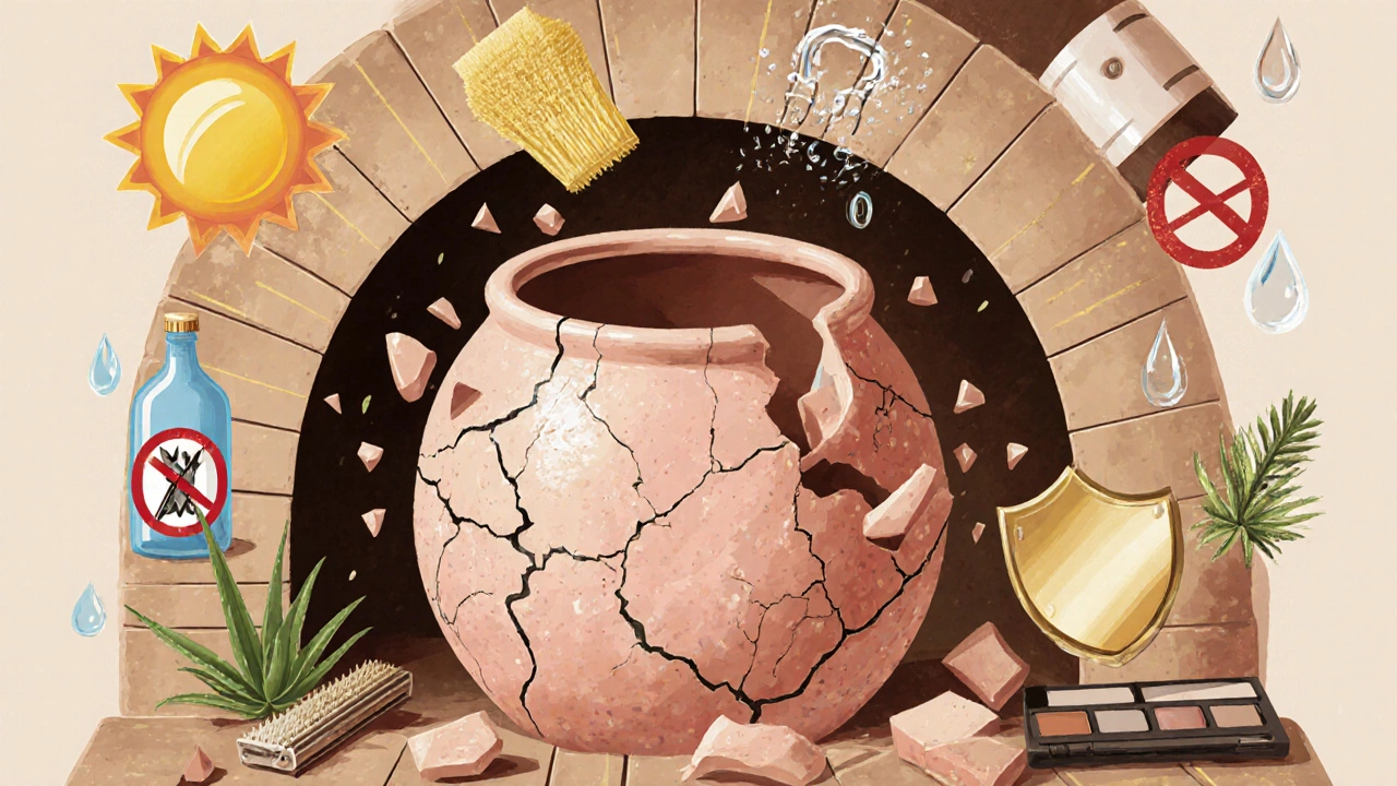 Хрупкая керамическая кожа, разрушающаяся под воздействием солнца, скраба и алкоголя, в окружении защитных элементов.