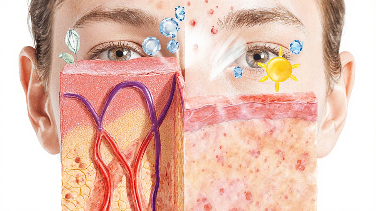 Художественное изображение восстановления кожи после акне: коллаген и активные компоненты.