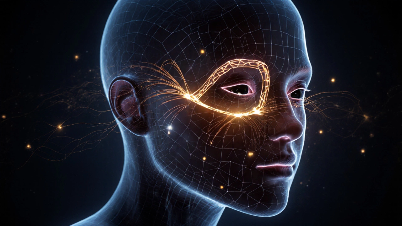 Концептуальное изображение энергетических волн, стимулирующих коллаген для подтяжки кожи.