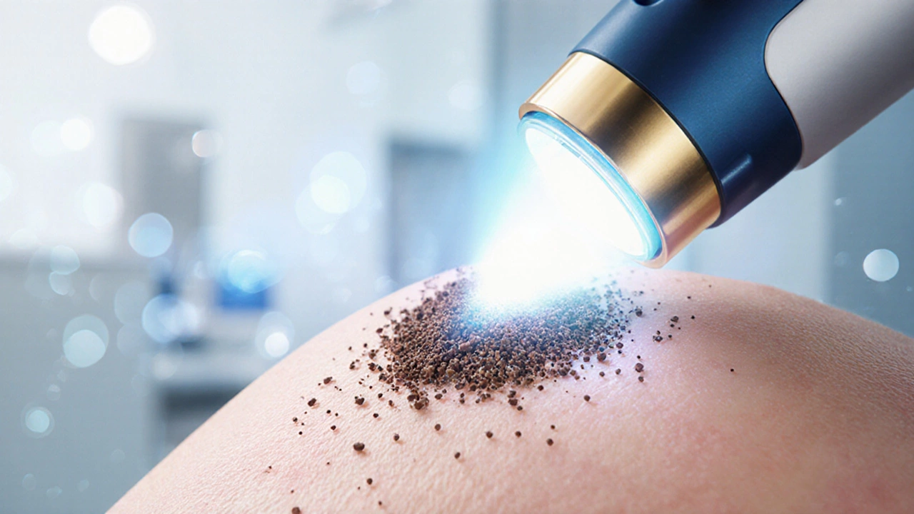 Лазерная процедура удаляет меланин из кожи, видны направленные лучи и рассеянные пигментные частицы.