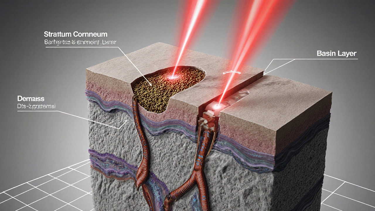 Медицинская иллюстрация лазерного воздействия на меланин в коже: лучи разбивают пигмент, лимфатические сосуды уносят частицы.