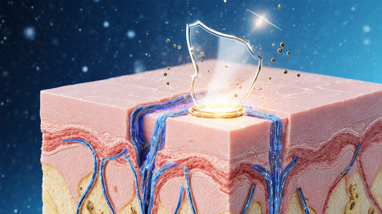 Разрез кожи, показывающий восстановление коллагена под действием пептидов и гиалуроновой кислоты.