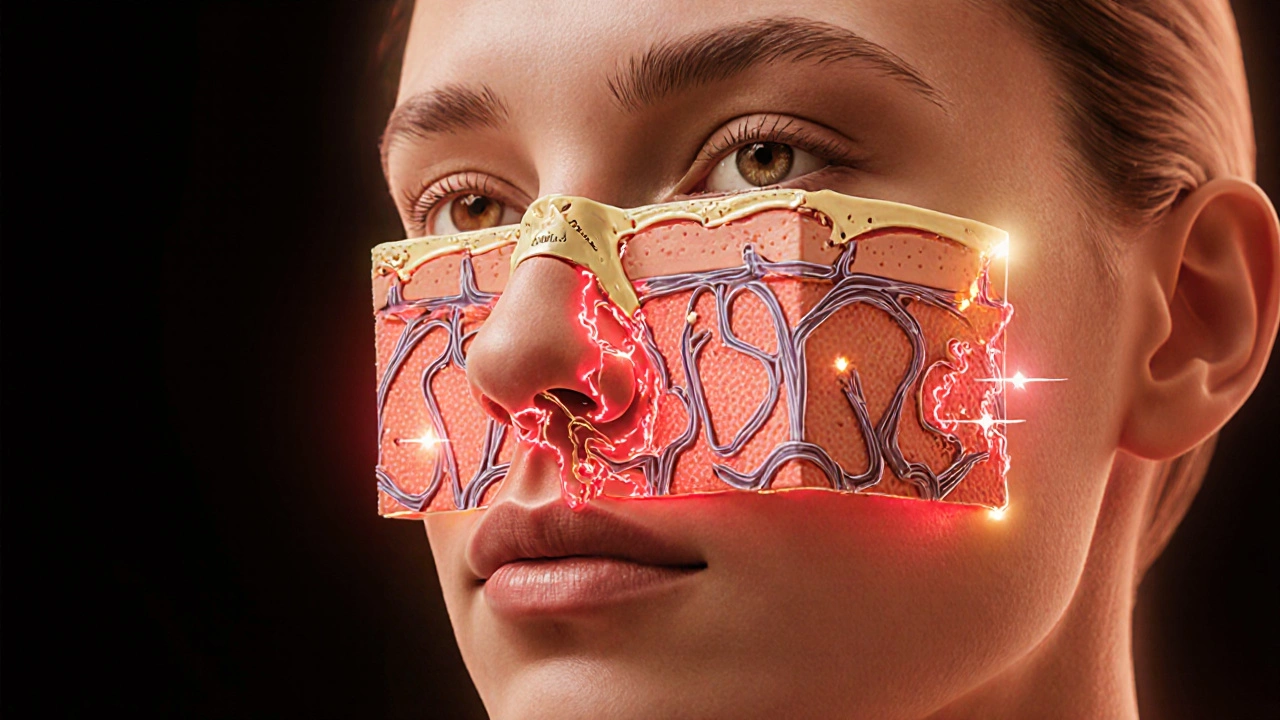 Разрез лица, показывающий, как лазер стимулирует выработку коллагена в глубоких слоях кожи.
