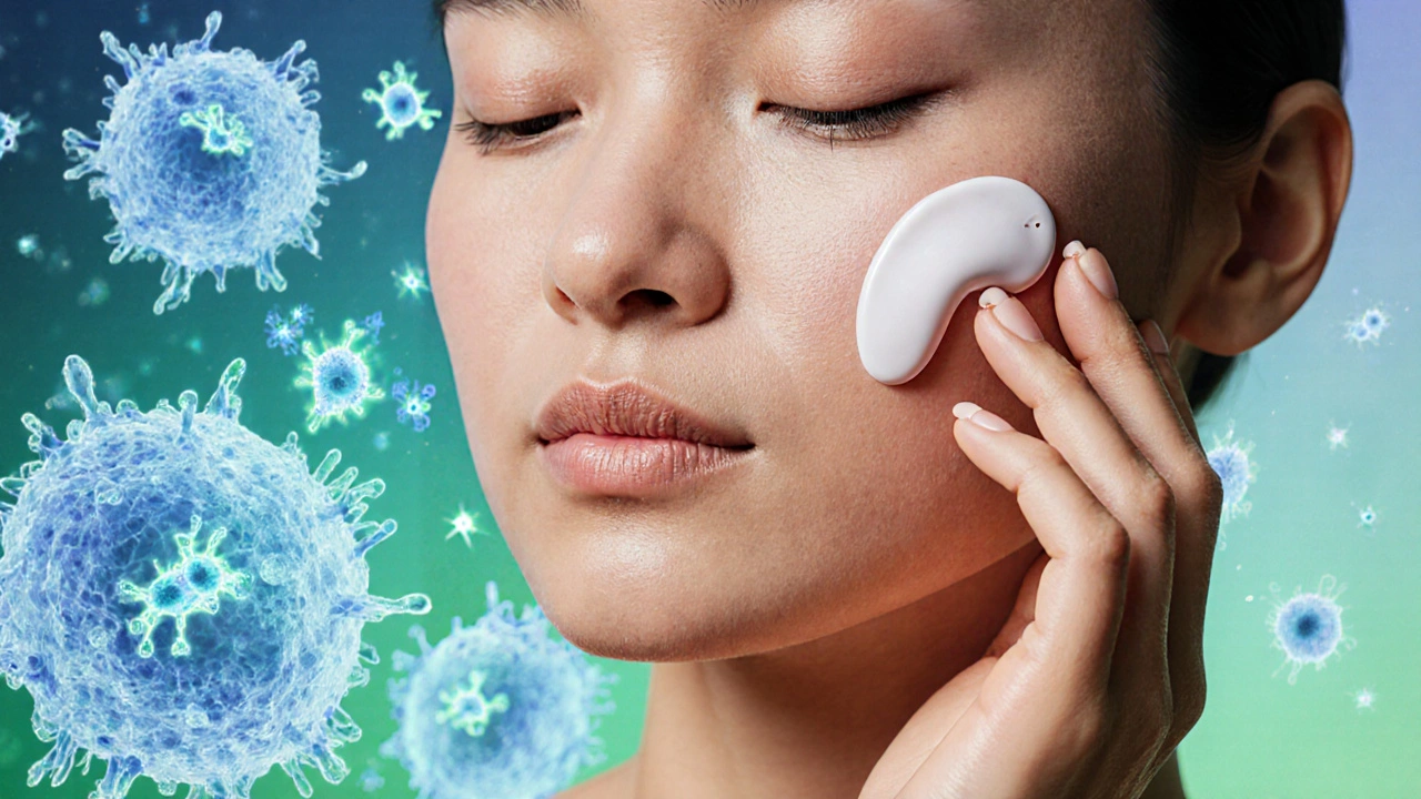 Рука наносит пилинг на кожу, внутри видны подавляющие меланоциты и активные молекулы витаминов.