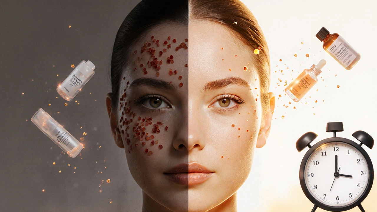 Сравнение кожи: слева — следы акне, справа — гладкая кожа, вокруг — светящиеся частицы активных ингредиентов.