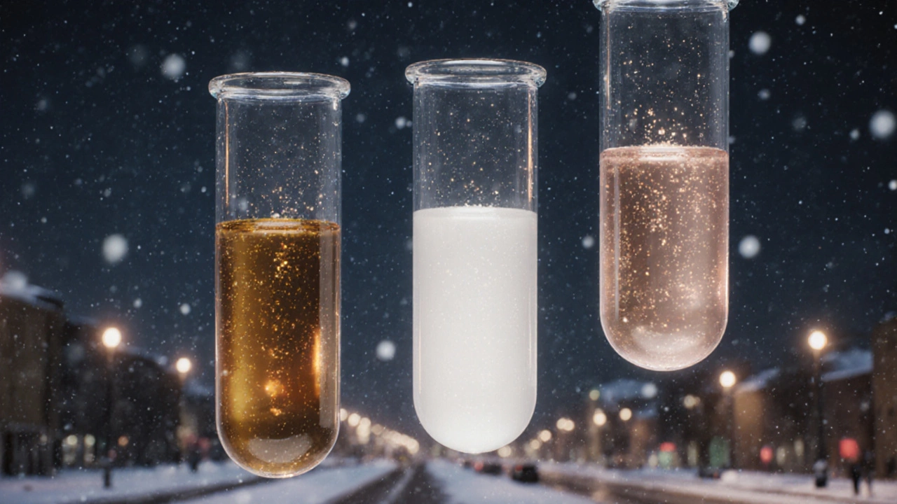 Три прозрачные флаконы с кислотами для борьбы с пигментацией, парящие над зимним пейзажем Санкт-Петербурга.