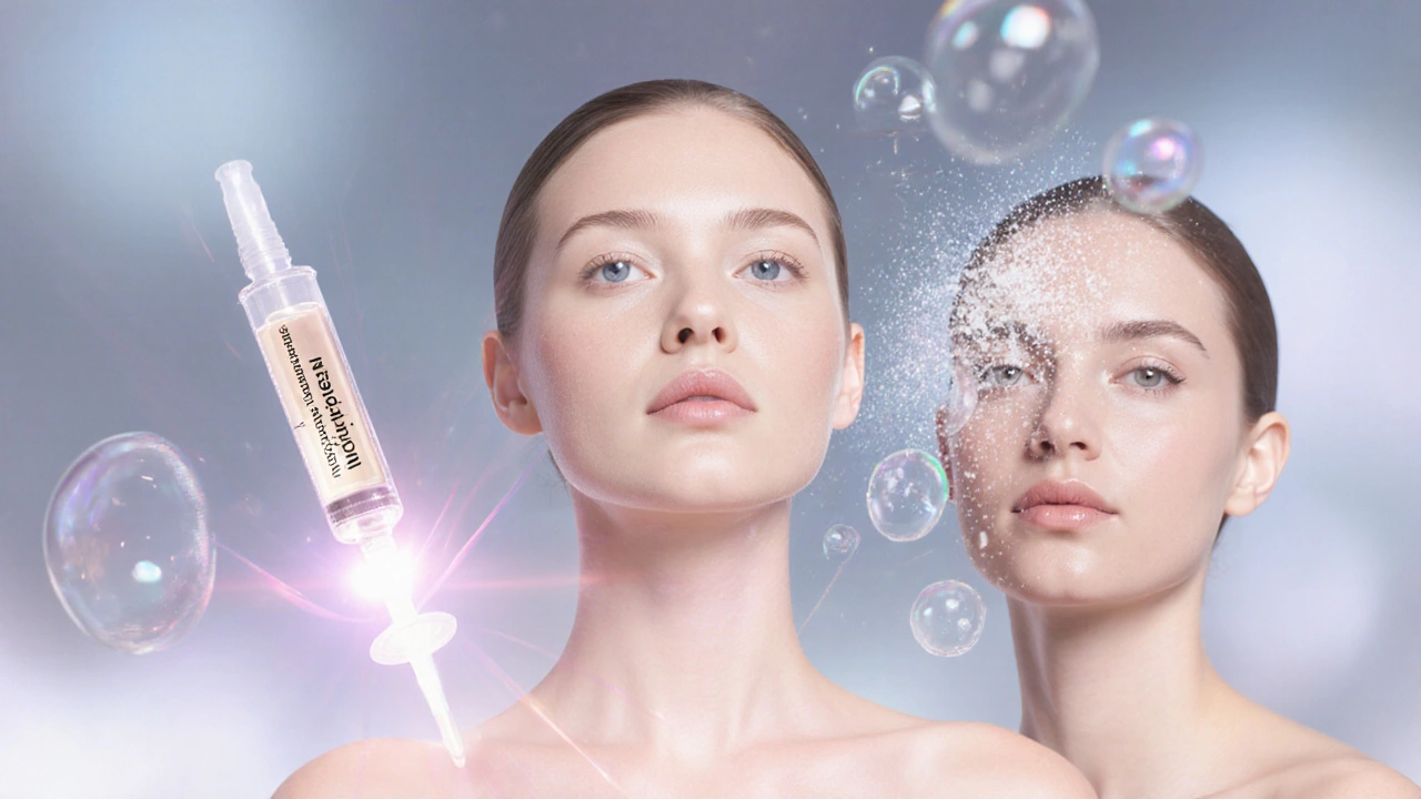 Три визуальных элемента: укол, лазер и кислородный туман, символизирующие неинвазивные эстетические процедуры.