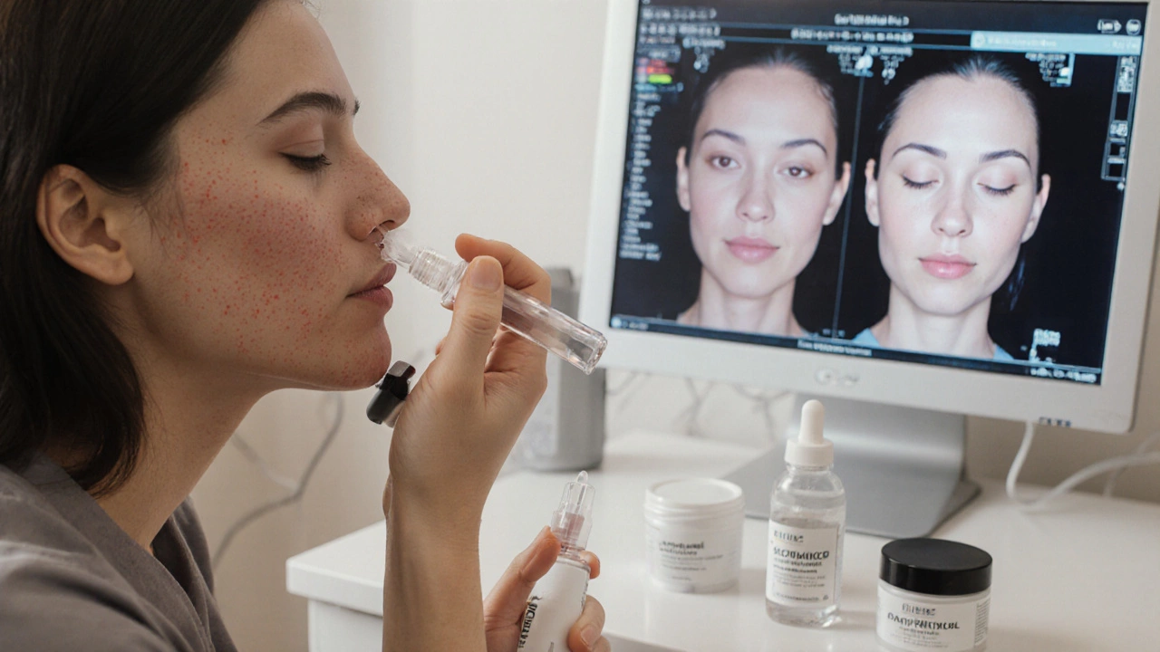 Врач наносит химический пилинг на кожу с постакне, в фоне — медицинские инструменты и скан кожи.