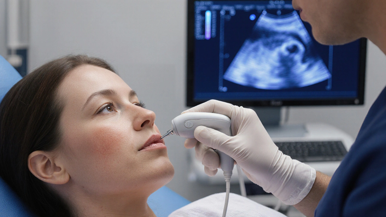 Врач проводит ультразвуковую процедуру подтяжки лица с помощью специального аппарата.