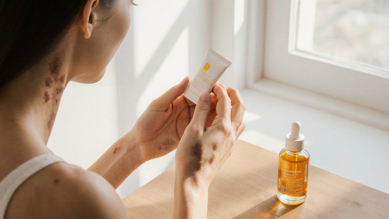 Женщина наносит солнцезащитный крем на руки и шею, символизируя ежедневный уход за кожей после процедур.