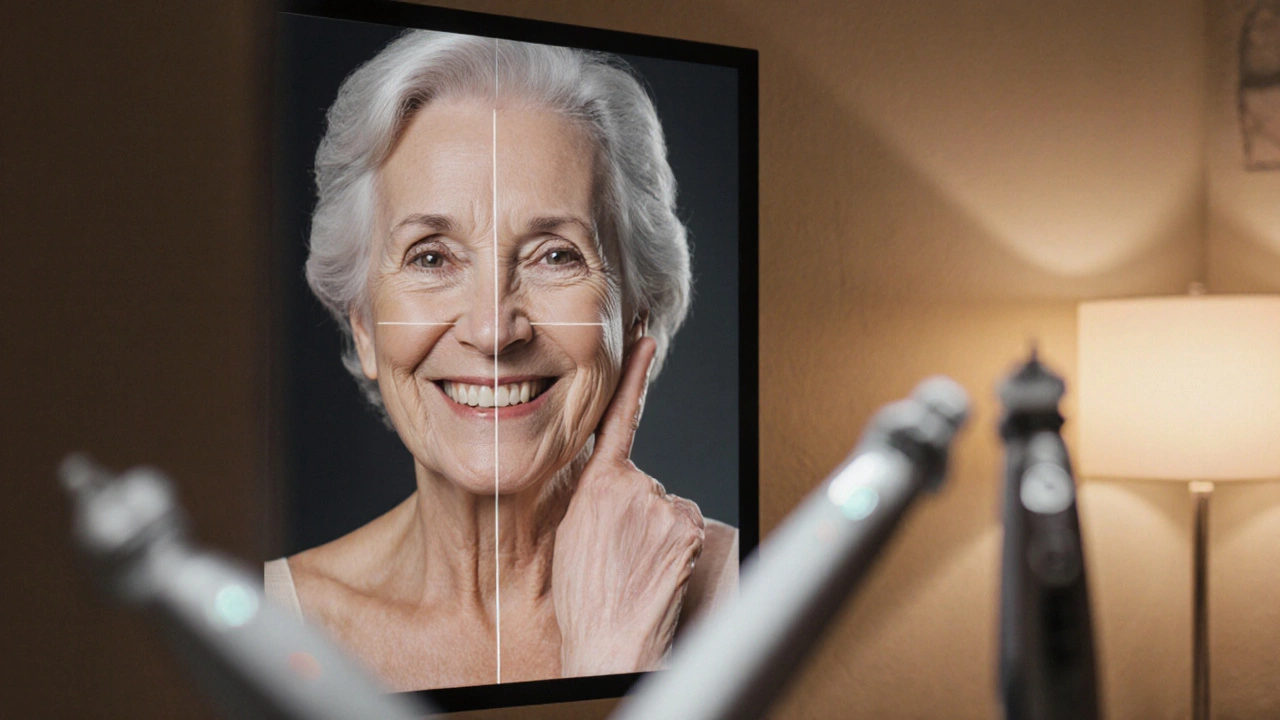 Женщина после подтяжки лица, улыбающаяся с четкой линией челюсти, рядом — сравнение до и после.