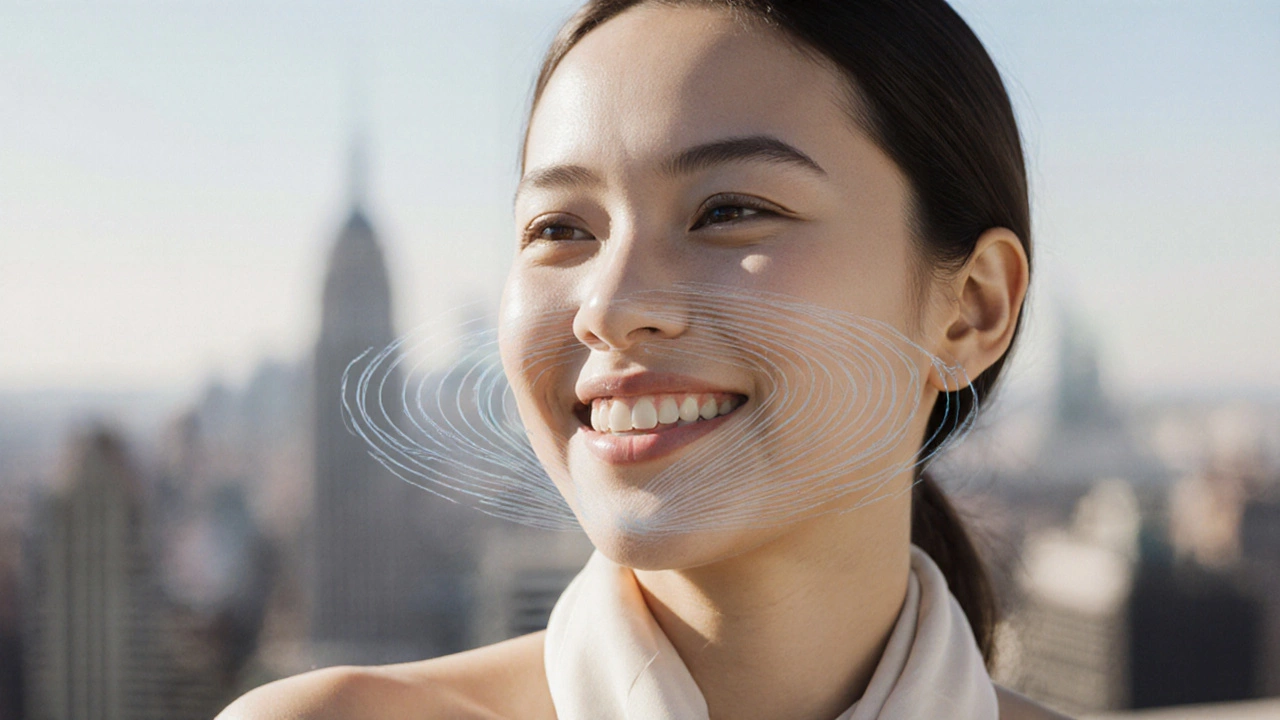 Женщина с подтянутым лицом и сияющей кожей, эффект ультразвуковой подтяжки без следов процедур.