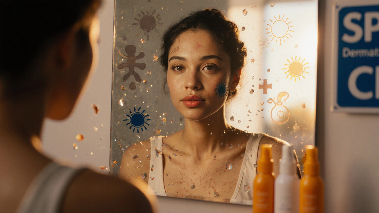 Женщина смотрит в зеркало — лицо чистое, тени прошлых причин исчезают в свете, атмосфера надежды и восстановления.