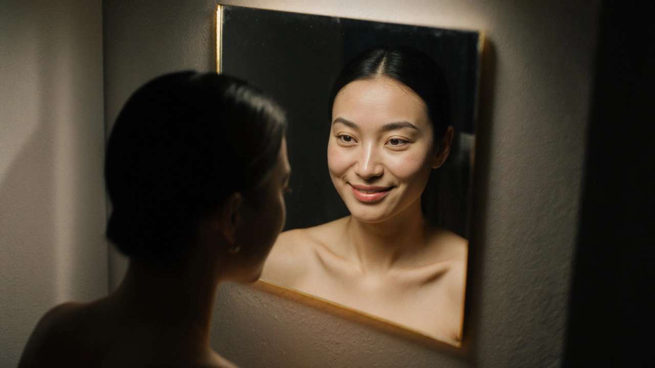 Зеркало отражает две версии одной женщины: уставшую и сияющую, разделённые золотым светом.