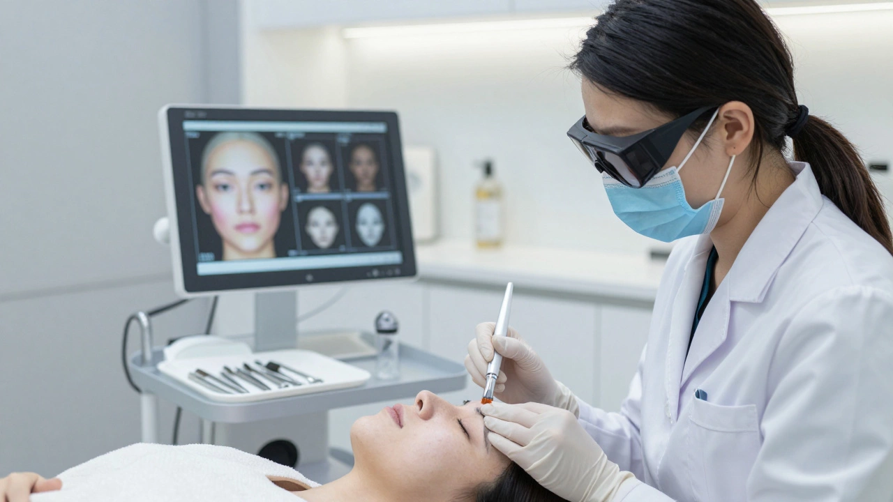 Дерматолог наносит химический пилинг на лицо пациента в клинике с профессиональным оборудованием.