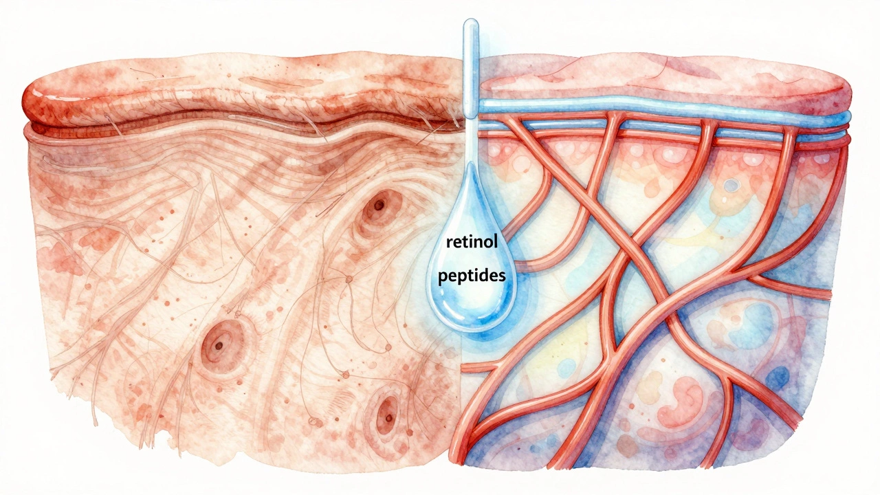 Двустороннее изображение кожи: одна сторона стареет, другая восстанавливается под действием коллагена и пептидов.