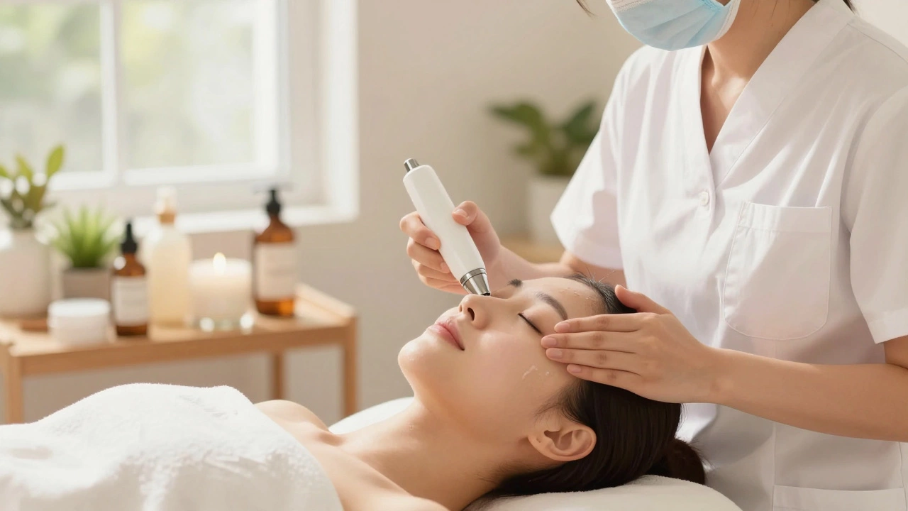 Эстетист проводит ультразвуковую чистку лица клиенту в спа-обстановке.