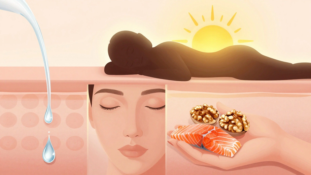 Иллюстрация лица, где четыре элемента питают кожу изнутри: вода, сон, солнцезащита и жиры.