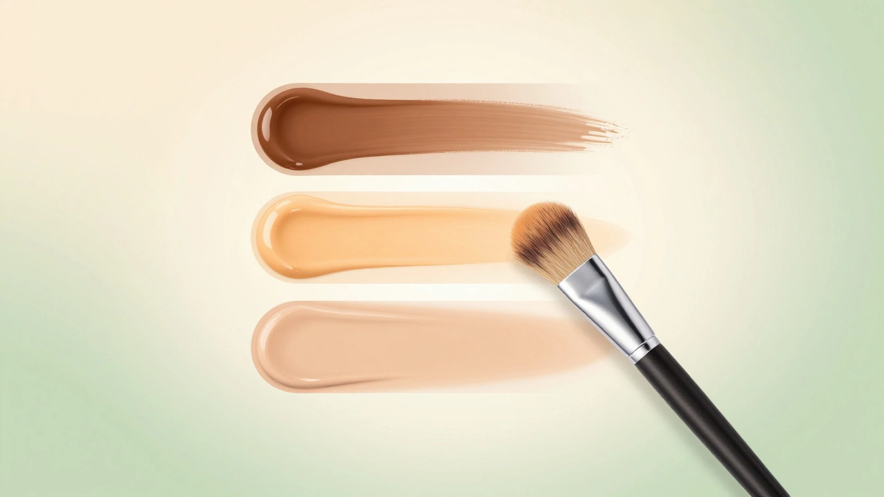 Иллюстрация трех слоев коррекции пигментации: пятно, корректор, тональный крем — без текста и надписей.