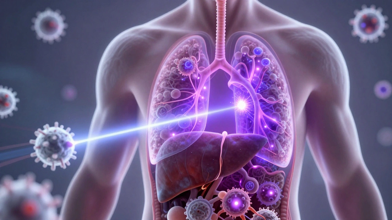 Лазер активирует светочувствительное вещество внутри опухоли, пробуждая иммунную систему.