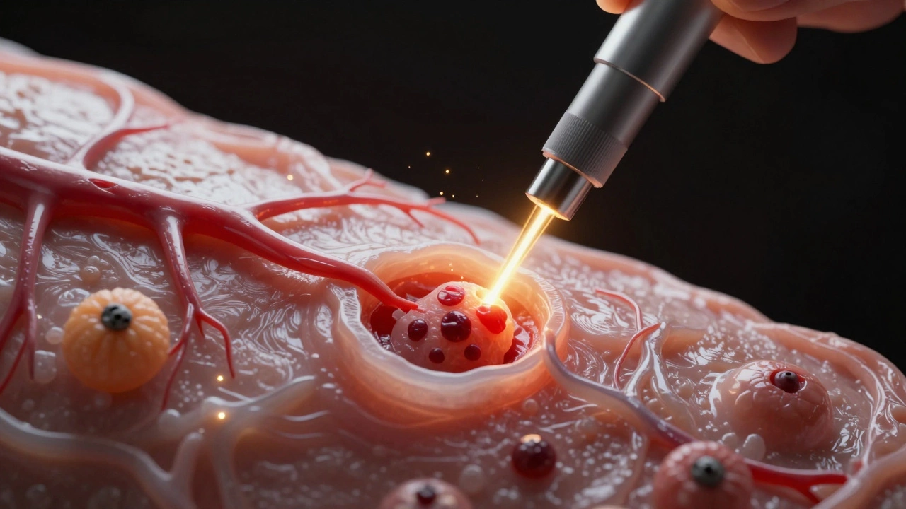 Лазерный луч точно удаляет опухоль, не повреждая соседние ткани и сосуды.