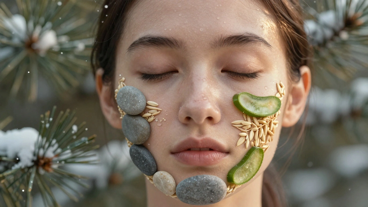 Лицо, составленное из природных элементов — камней, росы, овсянки и алоэ, с мягким золотистым светом, символизирующее здоровую кожу.