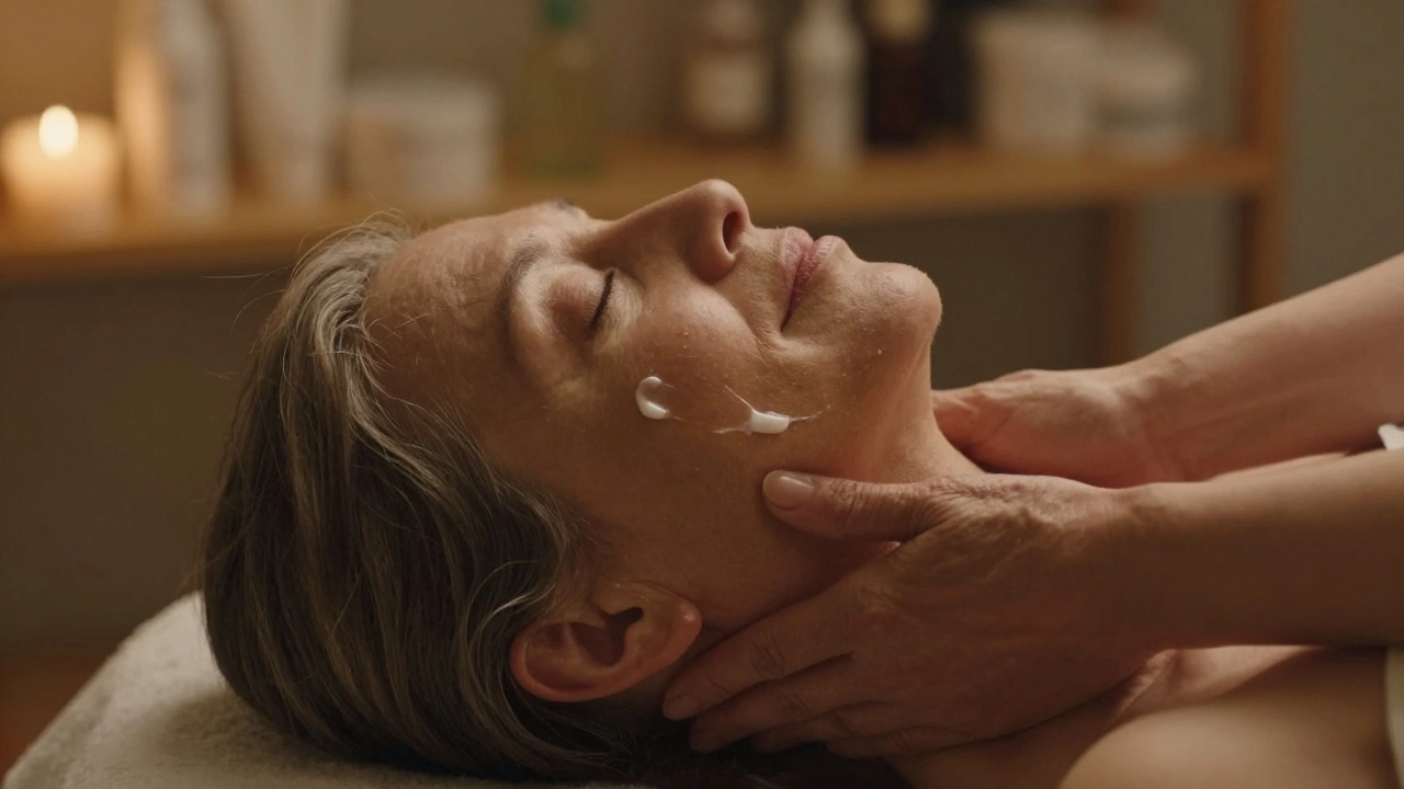 Мягкий лимфодренажный массаж лица пожилой женщины в спокойной обстановке.