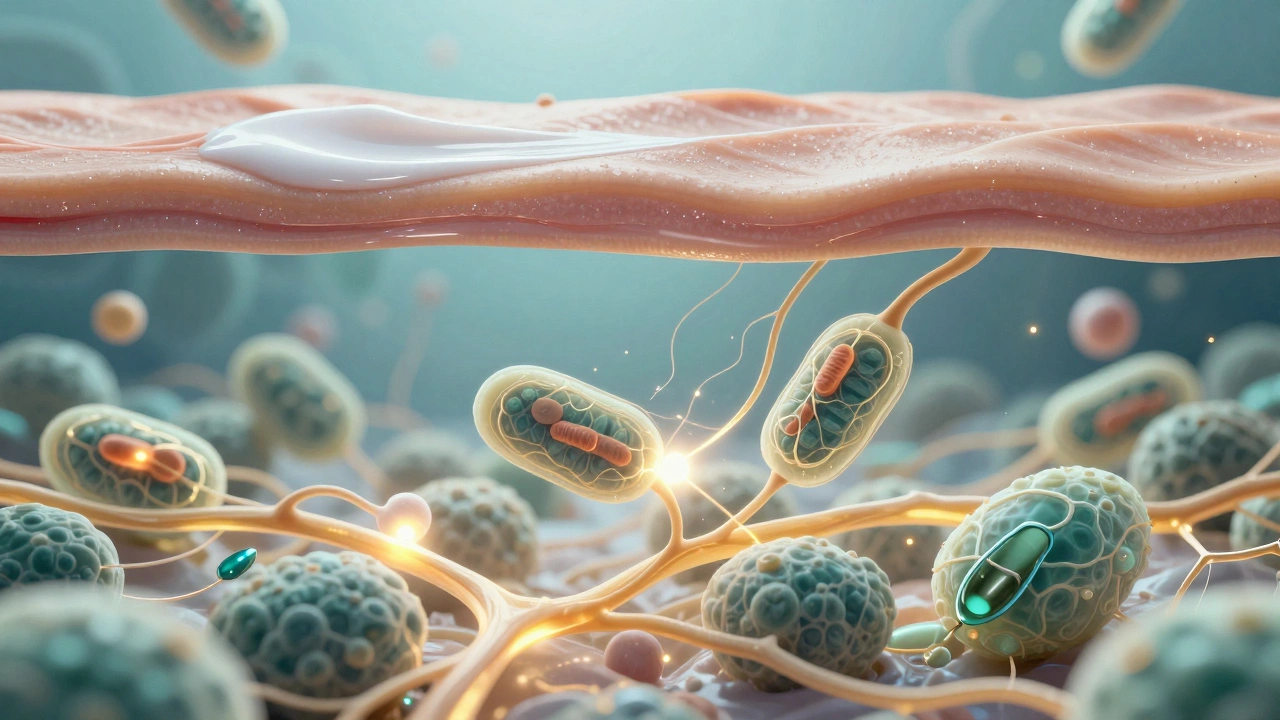 Микроскопический вид кожи: поверхностная пленка и глубокая клеточная активность.