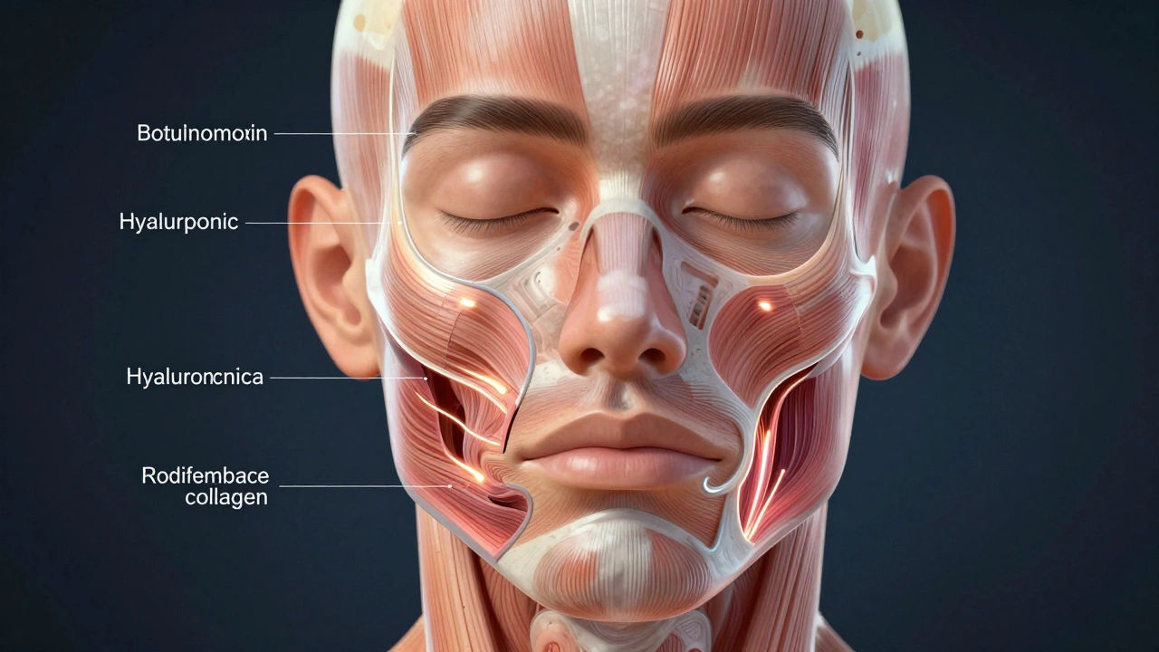 Разрез лица с показом внутренних процедур: ботокс, филлеры и радиочастотное воздействие.
