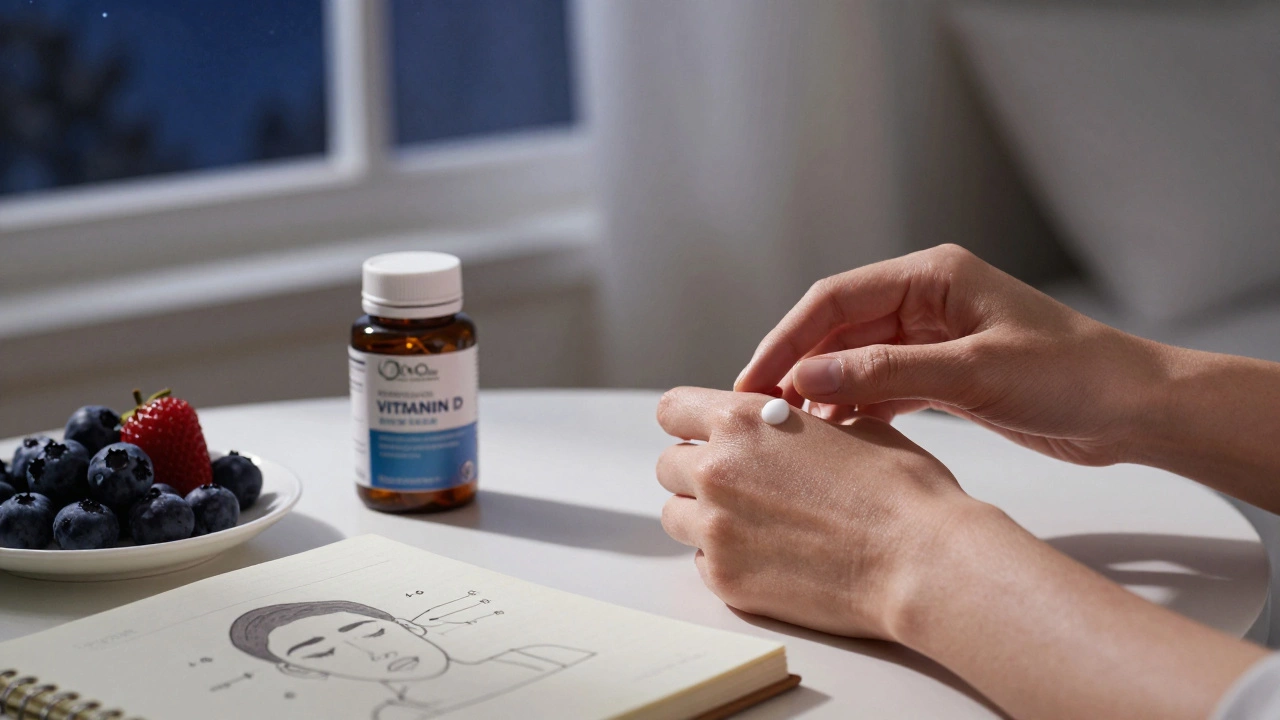 Рука наносит крем с ретинолом, рядом — ягоды, добавки витамина D и схема дыхания в тихой спальне.