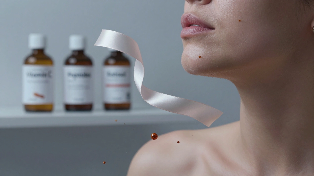 Шелковая лента поднимает подбородок, вокруг — молекулы витамина С, пептидов и фибробластов, активирующих кожу.