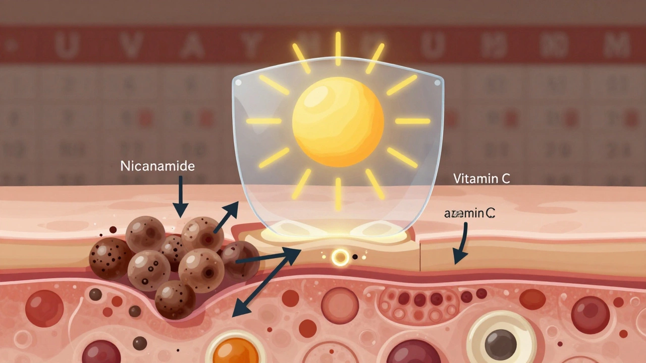 Схема кожи с активными компонентами, разрушающими пигментацию и защищающими от УФ