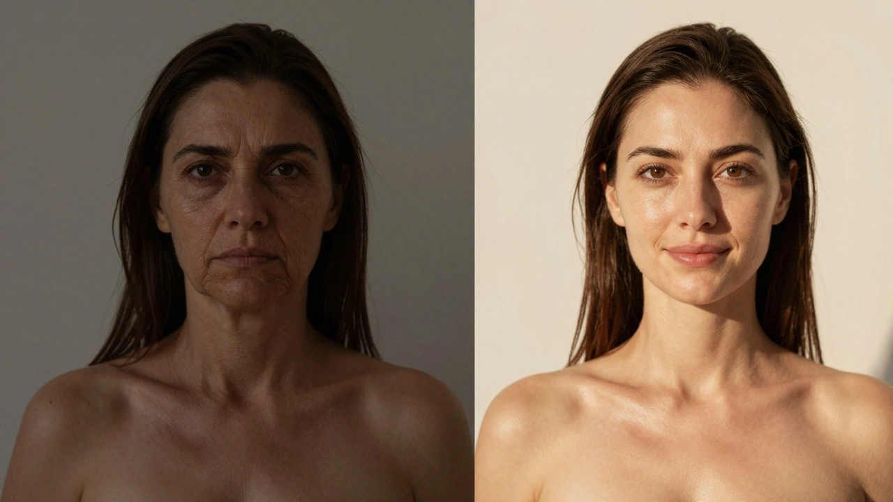 Сравнение до и после эстетической коррекции лица: усталая кожа и омоложенный, сияющий вид.