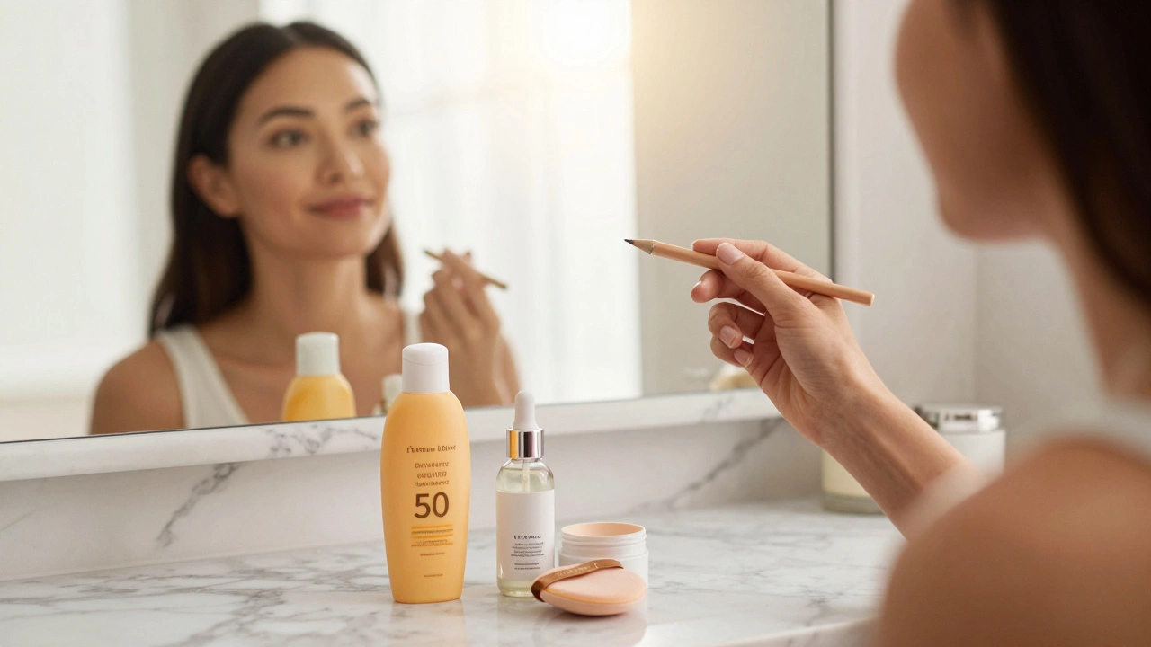 Утренний ритуал ухода: корректор, солнцезащитный крем и сыворотка на фоне зеркала с видом на солнечное окно.