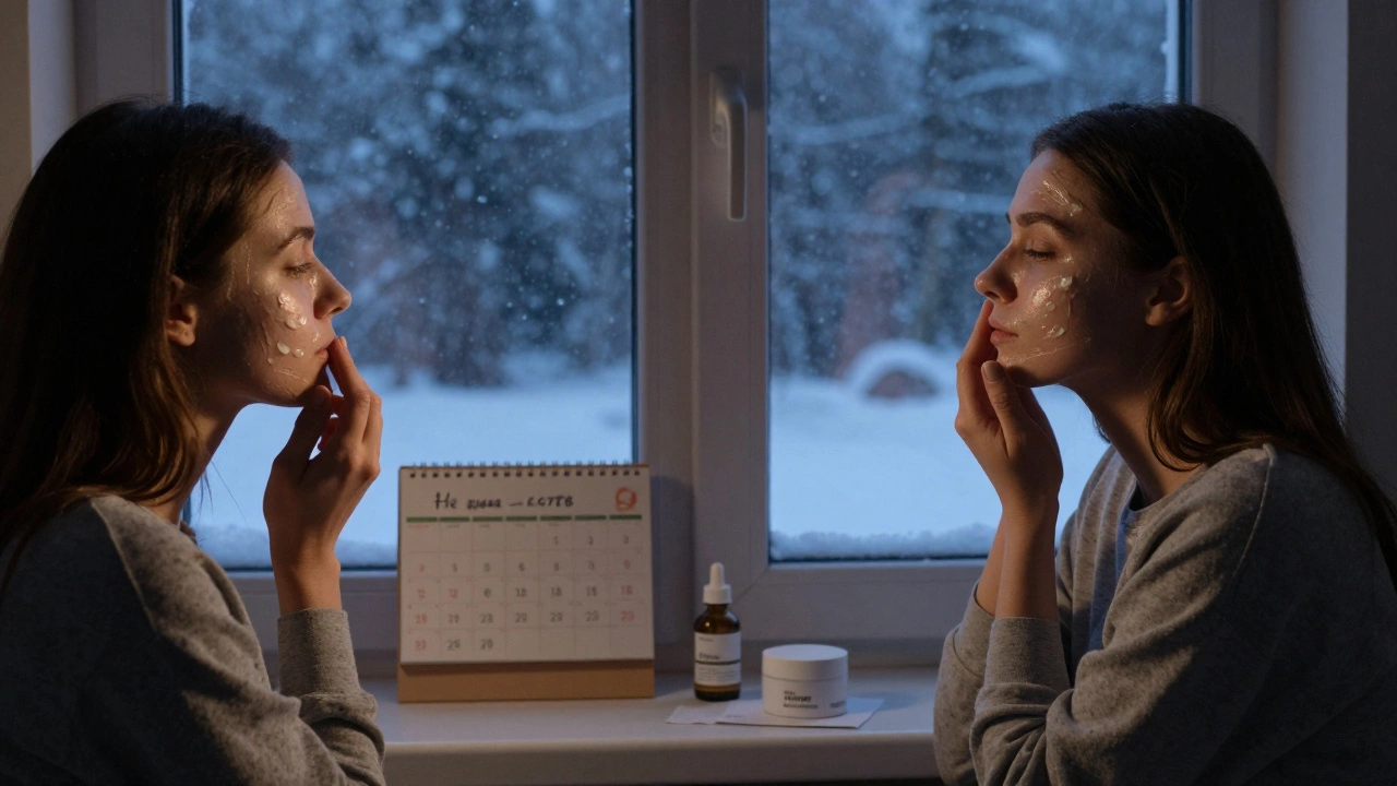 Вечерний уход за кожей в российской квартире: крем с ретинолом у окна при снеге.