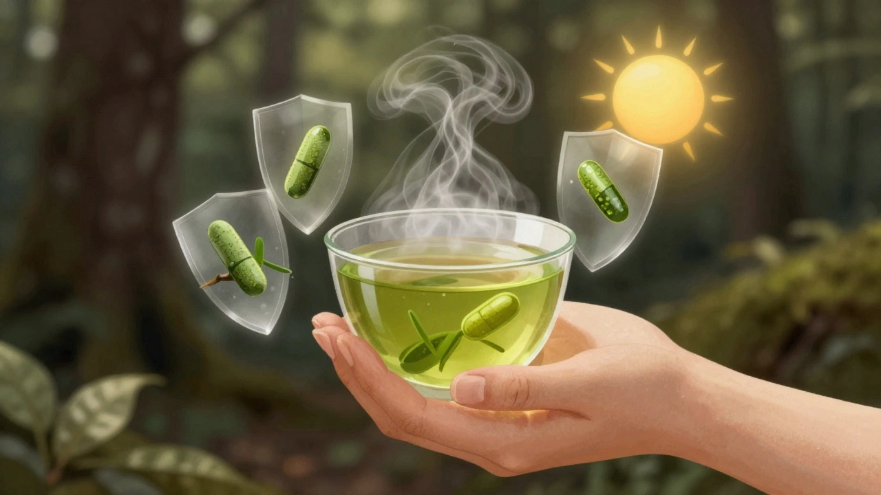 Чашка зелёного чая с визуализацией антиоксидантов, защищающих кожу от солнечных лучей.