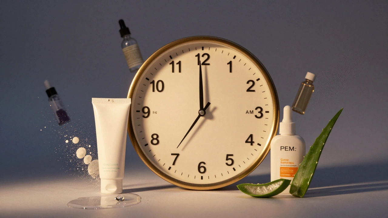 Часы, показывающие два времени умывания, окруженные элементами правильного ухода, хаотичные компоненты исчезают в тени.