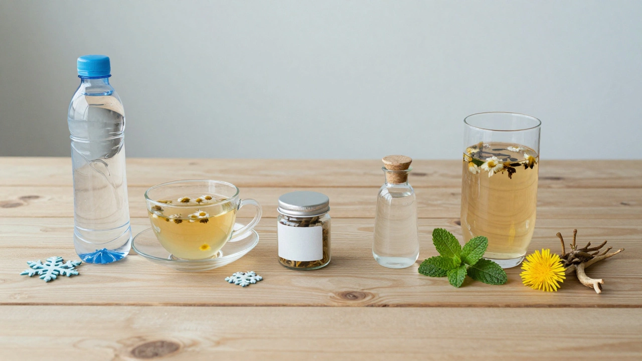 Ежедневный ритуал гидратации: вода, травяной чай и кокосовая вода на деревянном столе с природными элементами.