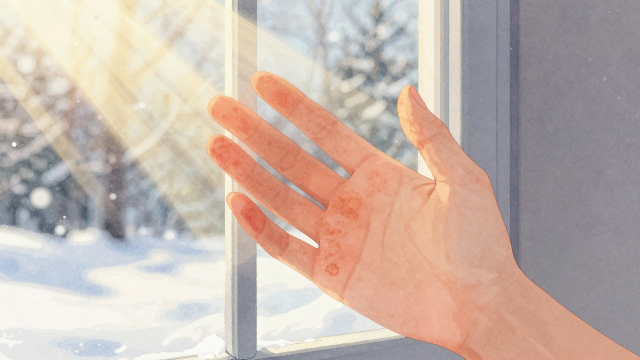 Рука касается щеки с солнечными пятнами, за окном — отражающийся снег.