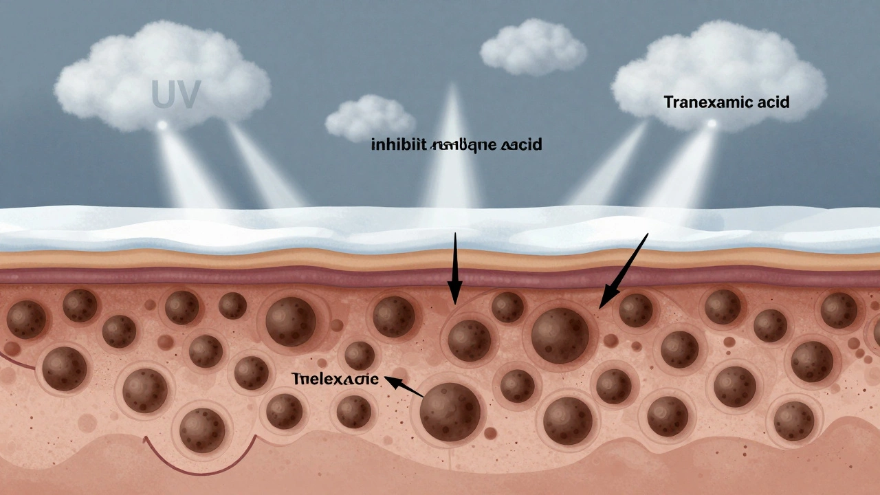 Схема кожи с меланиновыми клетками, которые блокируются активными ингредиентами под воздействием ультрафиолета.